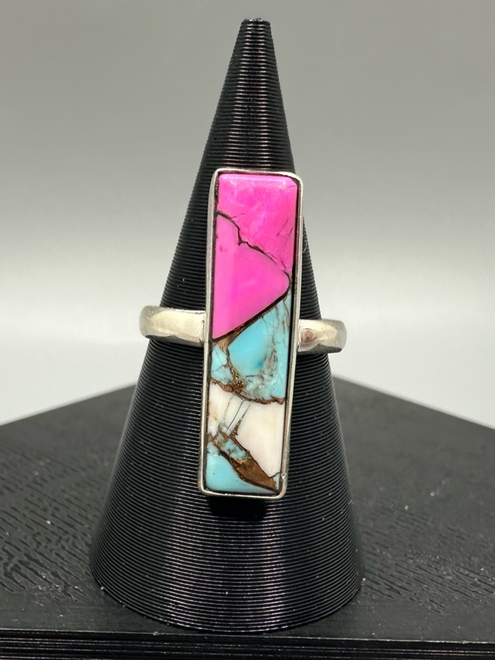 Cotton Candy Dahlia Turquoise Sterling Silver 925 Handmade Bar Ring Size 5.75